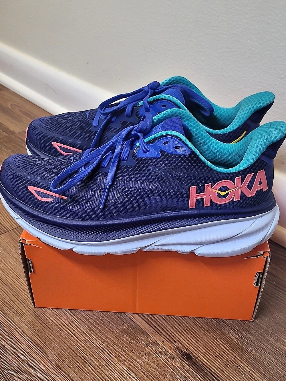 HOKA Clifton 9 Running Shoes Blue Pink US 8B